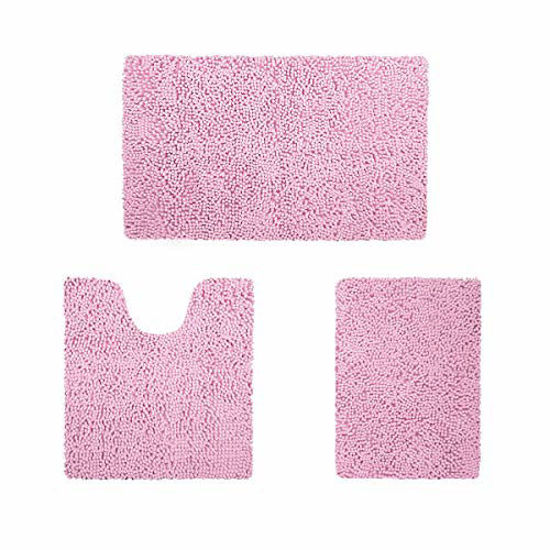 Picture of HOMEIDEAS 3 Pieces Bathroom Rugs Set Ultra Soft Non Slip and Absorbent Chenille Bath Rug, Pink Bathroom Rugs Plush Bath Mats for Tub, Shower, Bathroom