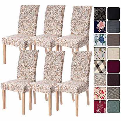 Picture of SearchI Dining Room Chair Covers Slipcovers Set of 6, Spandex Super Fit Stretch Removable Washable Kitchen Parsons Chair Covers Protector for Dining Room,Hotel,Ceremony,Brown+Flowers