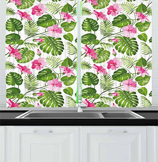 Picture of Ambesonne Leaf Kitchen Curtains, Hawaiian Hibiscus Crystal Flowers Palm Tree Leaves Art Print, Window Drapes 2 Panel Set for Kitchen Cafe Decor, 55" X 39", Magenta Green