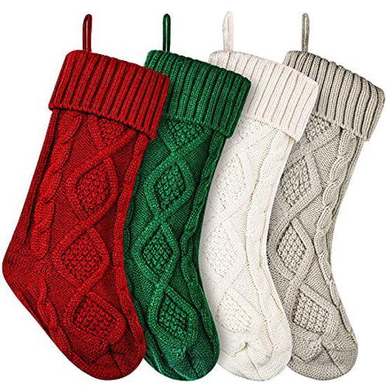 Picture of Christmas Stockings Large Knitted Xmas Stockings 18 Inches Fireplace Hanging Stockings for Family Holiday Christmas Decoration (Burgundy,Ivory,Green,Khaki, 4)