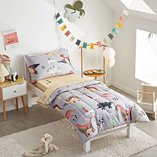 Picture of Uozzi Bedding 4 Piece Gray Dinosaurs Toddler Bedding Set with Colorful Dinos Boys Bed Comforter Sheet Set