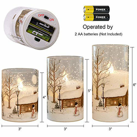 Picture of DRomance White Christmas Glass Flickering Flameless Candles Battery Operated with 10-Key Remote and Timer Set of 3 Real Wax Holiday LED Window Pillar Decor Candles(Snowman Decal, 3 x 4, 5, 6 Inches)