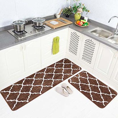 Picture of Carvapet 2 Pieces Microfiber Moroccan Trellis Non-Slip Soft Kitchen Mat Bath Rug Doormat Runner Carpet Set, 20"x63"+20"x31", Coffee