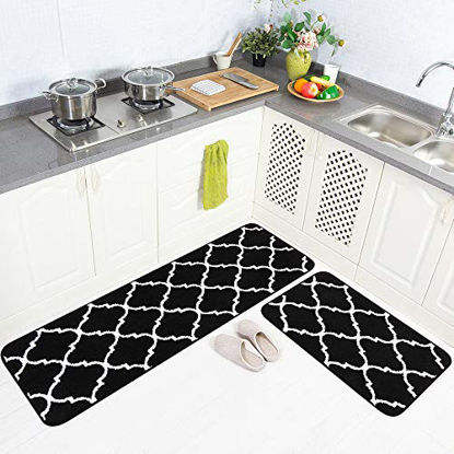 Picture of Carvapet 2 Pieces Microfiber Moroccan Trellis Non-Slip Soft Kitchen Mat Bath Rug Doormat Runner Carpet Set, 20"x63"+20"x31", Black