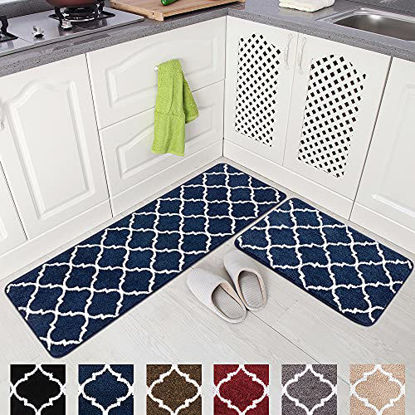 Picture of Carvapet 2 Pieces Microfiber Moroccan Trellis Non-Slip Soft Kitchen Mat Bath Rug Doormat Runner Carpet Set (20"x63"+20"x31", Navy)