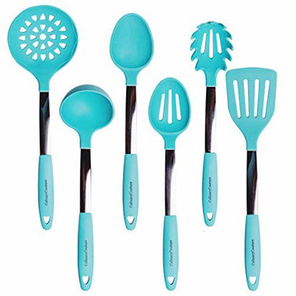 Picture of Turquoise Kitchen Utensil Set - Stainless Steel & Silicone Heat Resistant Professional Cooking Tools - Spatula, Mixing & Slotted Spoon, Ladle, Pasta Fork Server, Drainer - Bonus Ebook