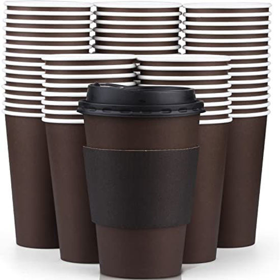 Picture of Promora 12 oz Disposable Brown Coffee Cups with Lids & Sleeves, Premium Insulated Paper Cups for Hot Coffee (12 oz , Pack of 80) Brown and Black