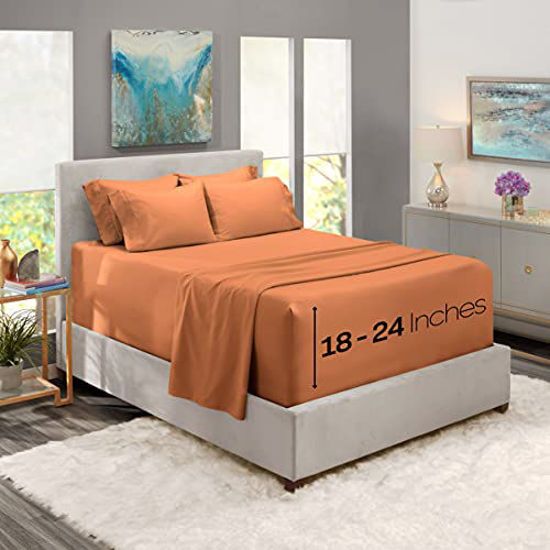 Picture of Nestl Extra Deep Pocket Sheets -California King Sized Deep Bed Sheet Set - Super Deep Pocket Sheets- 72 in x 84 in Deep Pocket Fitted Sheet Set 6pc - Sienna/Orange Brown.