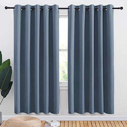 Picture of NICETOWN Blackout Draperies Curtains for Kids Room, Window Treatment Thermal Insulated Solid Grommet Blackout Drape Panels for Bedroom (Stone Blue, Set of 2, 70 by 72 inches)