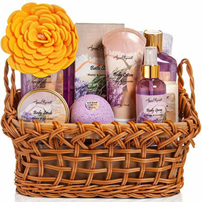 Picture of Spa Baskets For Women - Luxury Bath Set With Honey & Lavender - Spa Kit Includes Wash, Bubble Bath, Lotion, Bath Salts, Body Scrub, Body Spray, Shower Puff, Bathbombs, Soap and Towel