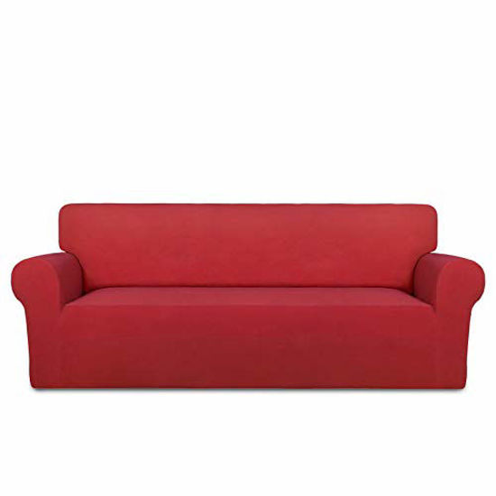 Picture of PureFit Super Stretch Chair Sofa Slipcover - Spandex Non Slip Soft Couch Sofa Cover, Washable Furniture Protector with Non Skid Foam and Elastic Bottom for Kids, Pets Sofa Red