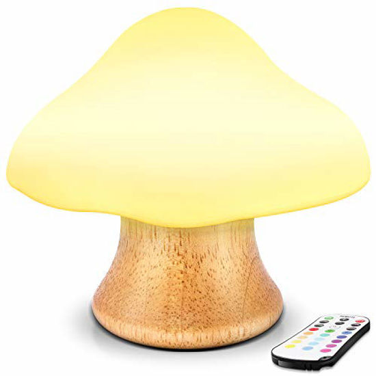 Picture of Children's Night Light ANGTUO Wooden Mushroom Lamp Silicone LED Bedside Nursery for Baby Breastfeeding Kids Bedroom - 16 Color Changing - 4 Brightness - 4 Light Mode Control by Remote. New Style