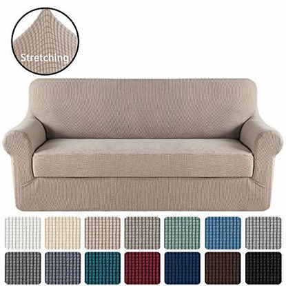 Picture of H.VERSAILTEX Stretch Sofa Covers 2 Piece for 3 Cushion Couch Covers Sofa Slipcovers Furniture Covers (Base Cover & Seat Cushion Cover) Feature Deluxe Textured Jacquard (Standard Sofa, Khaki)