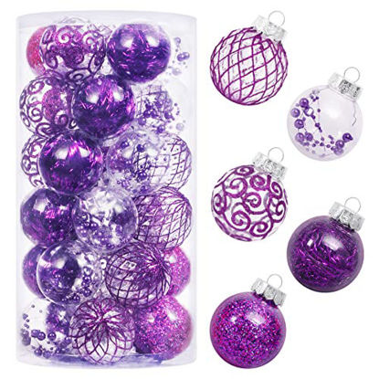 Picture of 60MM/2.36" Clear Christmas Ornaments Set, 30PCS Shatterproof Decorative Hanging Ball Ornament with Stuffed Delicate Decorations, Xmas Tree Balls for Halloween Holiday Party Thankgivings - Purple.