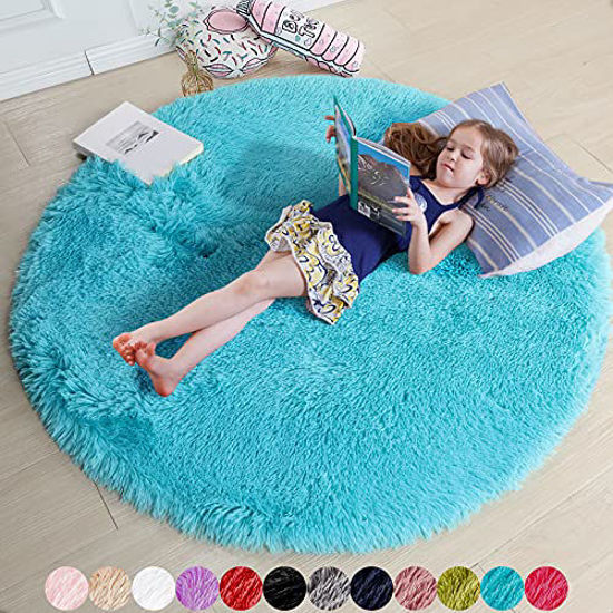 Picture of Blue Round Rug for Bedroom,Fluffy Circle Rug 5'X5' for Kids Room,Furry Carpet for Teen's Room,Shaggy Circular Rug for Nursery Room,Fuzzy Plush Rug for Dorm,Turquoise Carpet,Cute Room Decor for Baby