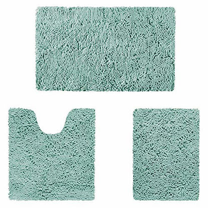 Picture of HOMEIDEAS 3 Pieces Bathroom Rugs Set Ultra Soft Non Slip and Absorbent Chenille Bath Rug, Eggshell Blue Bathroom Rugs Plush Bath Mats for Tub, Shower, Bathroom