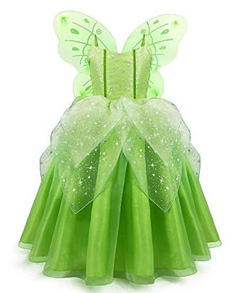 Picture of Girls Tinkerbell Costume Dress Up Fancy Fairy Princess Halloween Party Dress With Butterfly Wings