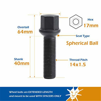 Picture of dynofit 14x1.5 Extended Lug Bolts for Wheel Spacers, 20pcs 40mm Shank/64mm Tall Ball Seat Aftermarket Lug Studs for A1 A2 A3 A4 A5 A6 A7 A8 S1 S2 S3 S4 S5 S6 S7 S8, Fit CC Golf Jetta Lavid Se Cayenne