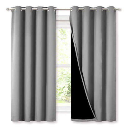 Picture of NICETOWN 100% Blackout Curtains with Black Liners, Thermal Insulated Full Blackout 2-Layer Lined Drapes, Energy Efficiency Window Draperies for Bedroom (Silver Grey, 2 Panels, 52-inch W by 63-inch L)