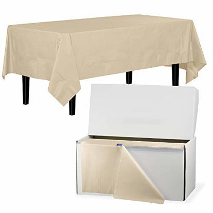 Picture of Exquisite 54 Inch X 300 Feet Ivory Plastic Table Cover Roll in A Cut - to - Size Box with Convenient Slide Cutter. Cuts Up to 12 Rectangle 8 Feet Plastic Disposable Tablecloths