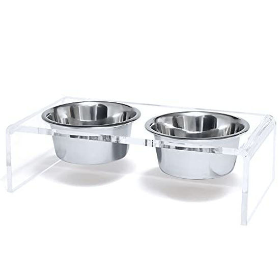 Feoyoho Acrylic Elevated Dog Cat Bowls Pet Feeder Double Bowl Raised Stand Comes with 4 Removable Stainless Steel Bowls. Perfect for Cats Puppies