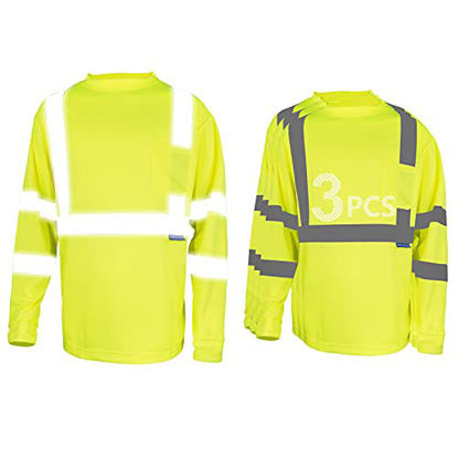 Picture of LX Reflective High Visibility Reflective Safety T Shirt Long Sleeve Breathable Fast Dry Mesh T Shirt(Yellow-3Pcs, XXL)