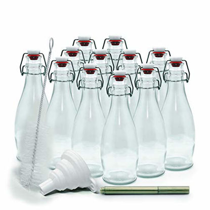 Picture of mockins Set of 12 | 8.5 oz Glass Bottle Set with Swing Top Stoppers and Includes Bottle Brush, Funnel and Gold Glass Marker | Clear Glass Water Bottle