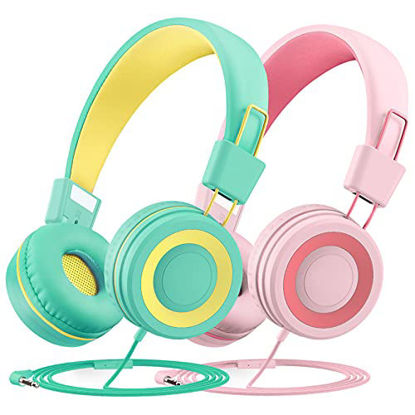 Picture of Kids Headphones with Microphone for School 2 Pack, Wired On Ear Headphones for Kids with 91dB Volume Limit, Online Learning Headsets with Sharing Splitter for Boys Girls Travel