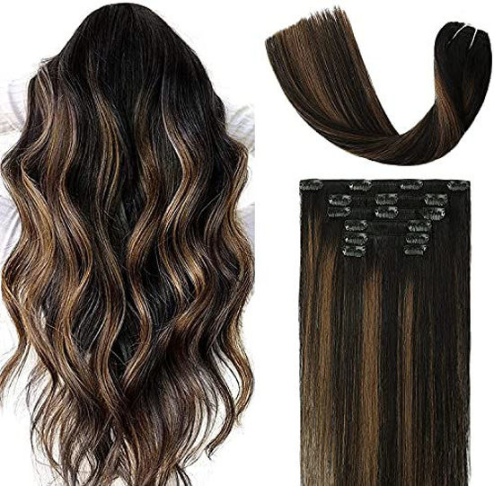 Picture of Clip in Hair Extensions 15in Ombre Natural Black to Chestnut Brown Highlight 70g/set 7 Pieces, 100% Remy Human Hair Extensions Seamless Straight Human Hair Extensions For Women (2-3sets for full head)