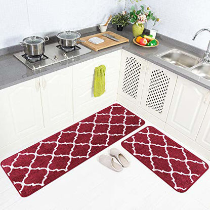 Picture of Carvapet 2 Pieces Microfiber Moroccan Trellis Non-Slip Soft Kitchen Mat Bath Rug Doormat Runner Carpet Set, 20"x63"+20"x31", Red