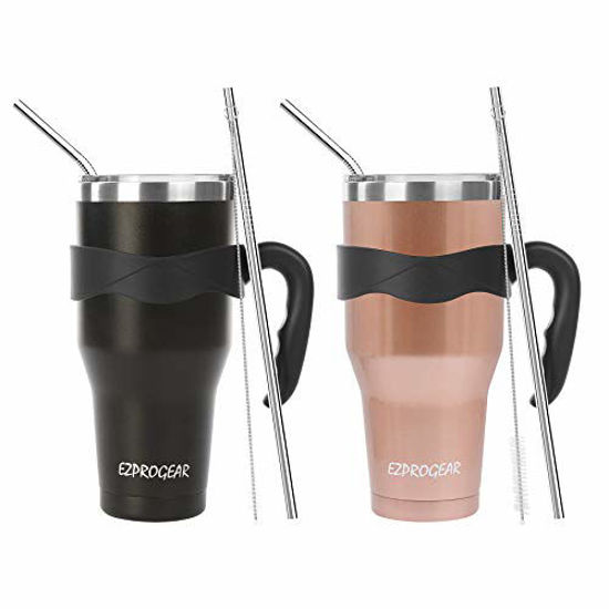 Picture of Ezprogear 40 oz 2 Pack Stainless Steel Water Tumbler Double Wall Black and Rosegold Beer Mug with Straws and Handle (40 oz 2 Pack, Black+RoseGold)