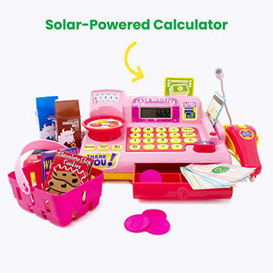 Boley Red Toy Cash Register Playset - Caja registradora de juguete para  niños de 19 piezas con escáner y lector de tarjetas de crédito de juguete