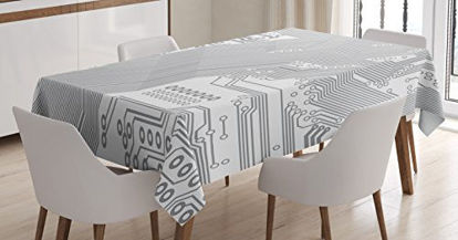 Picture of Ambesonne Digital Tablecloth, Computer Motherboard Electronic Hardware Technical Display Futuristic Plan Design, Rectangular Table Cover for Dining Room Kitchen Decor, 60" X 90", White Grey