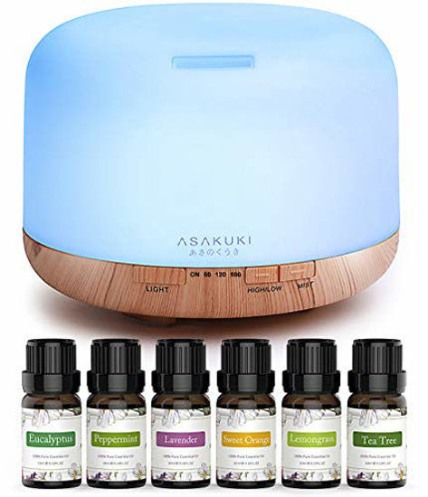 Picture of ASAKUKI Essential Oil Diffuser with Essential Oils Set, 500ml Aromatherapy Diffuser with Top 6 100% Pure Natural Essential Oils, 14 LED Colors and Auto Shut-Off