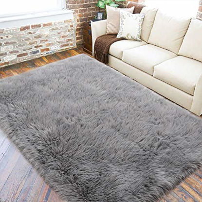 Picture of LOCHAS Ultra Soft Fluffy Rugs Faux Fur Sheepskin Area Rug for Bedroom Bedside Living Room Carpet Nursery Washable Floor Mat, 3x5 Feet Gray