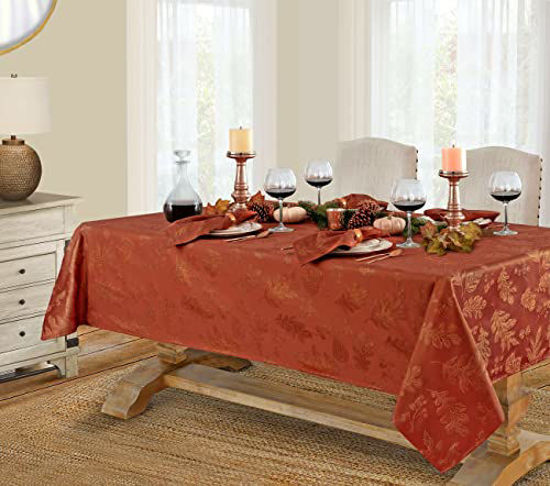 Picture of Newbridge Metallic Autumn Leaf Damask Fall, Thanksgiving Fabric Tablecloth, Fall Rustic Swirling Leaves Soil Resistant Easy Care Tablecloth, 60 x 144 Oblong/Rectangle, Rust/Gold