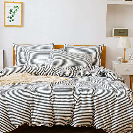 Picture of JELLYMONI 100% Natural Cotton 3pcs Striped Duvet Cover Sets,White Duvet Cover with Dark Grey Stripes Pattern Printed Comforter Cover,with Zipper Closure & Corner Ties(Queen Size)