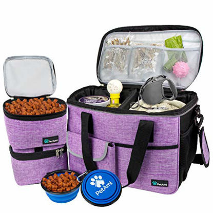 Picture of PetAmi Dog Travel Bag | Airline Approved Tote Organizer with Multi-Function Pockets, Food Container Bag and Collapsible Bowl | Perfect Weekend Pet Travel Set for Dog, Cat (Purple, Small)