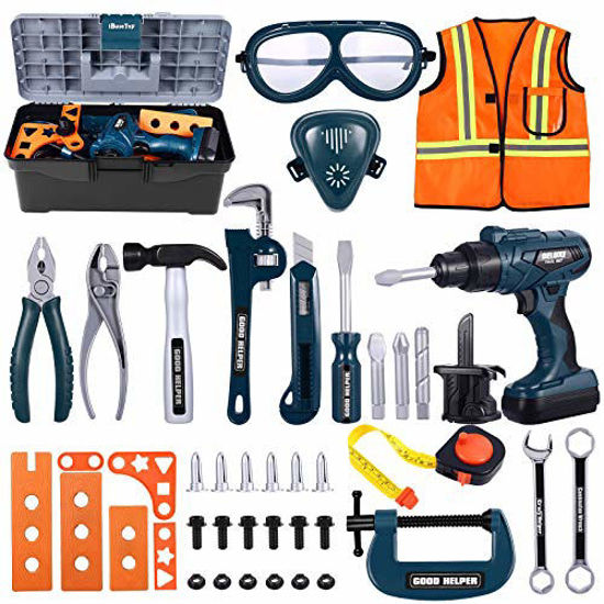 Picture of iBaseToy Kids Tool Box Set - 45 PCS Pretend Play Tool Toys for Toddler, Kids Electric Drill Tool Toys Kit with Working Overalls, Construction Tool Kit Playset Accessories Gift for Boys