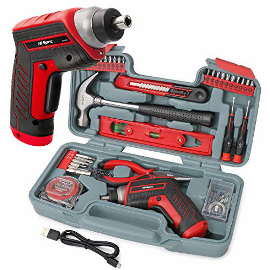 Picture of Hi Spec 35 Piece Red Home DIY Tool Kit with USB Rechargeable 3.6V Electric Power Screwdriver. Easy Repair with Household Hand Tools & Picture Hanging Kit. All In a Portable Box