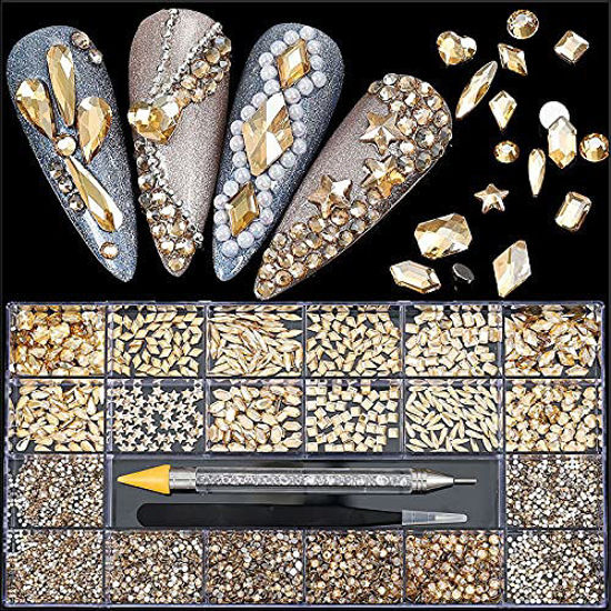 NAISKA 810 Pcs Champagne Gold Crystal Nail Arts Rhinestones Round Beads  Flatback Glass Gems Stones Multi Shapes Sizes Gold Rhinestones Nail  Crystals
