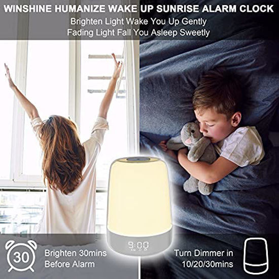 Picture of Touch Wake Up Night Light with Sunrise Simulation Alarm Clock, Winshine 3 Ways Dimmable Warm White Bedside Lamp for Kid Bedrooms RGB Ambient Table Nightstand Light,Sleep Aid Snooze Timer Mode