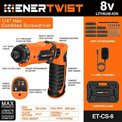 Picture of ENERTWIST Cordless Screwdriver, 8V Max 10Nm Electric Screwdriver Rechargeable Set with 82 Accessory Kit and Charger in Carrying Case, 21+1 Cluth, Dual Position Handle, LED Light, ET-CS-8