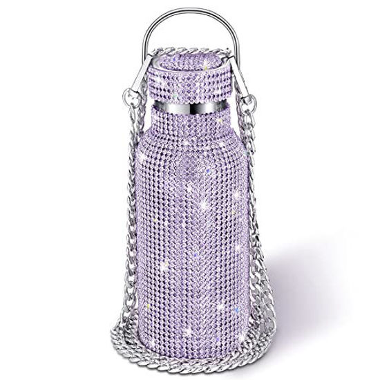 Picture of Diamond Water Bottle Bling Rhinestone Stainless Steel Thermal Bottle Refillable Water Bottle Insulated Water Bottle Glitter Water Bottle with Chain for Christmas Halloween (Light Purple,500 ml)