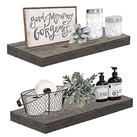 Picture of QEEIG Grey Floating Shelves for Wall 24 inches Long Set of 2 Bathroom Shelf Bedroom Kitchen Living Room Mounted Shelving Rustic Shelfs 23.6" L x 9.3" D, Charcoal Gray (008-60GY)