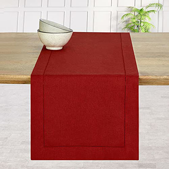 Picture of D'Moksha Homes 100% Pure Linen Hemstitch 14x132 inch, Table Runner for Christmas, Natural Fabric European Flax, Handcrafted Dresser Scarf with Mitered Corners, Great Gift Choice, Divine Red