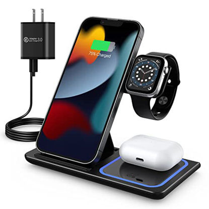 Picture of Wireless Charging Station, 3 in 1 Foldable Wireless Charger Stand, Wireless Charging Stand for iPhone 13/12/12 Pro/12 Pro Max/11/XS Max/XS/XR/X/8P, Airpods 2/pro, Apple Watch, and Qi-Certified Phones