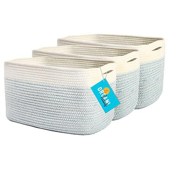 Picture of OrganiHaus 3-Pack Cotton Rope Nursery Shelf Baskets | Baby Basket for Nursery Storage Shelf | Home Organizing Bins and Toy Organizer | Woven Baskets for Baby Boy Room - Blue Basket