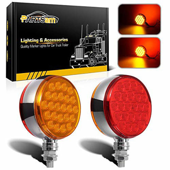 Picture of Partsam 2pc 4" Round Double Face Single Stud Mount Pearl Red/Amber 48 LED Pedestal Fender Reflective Lights w Chrome Housing Sealed Replacement for Kenworth/Peterbilt/Freightliner