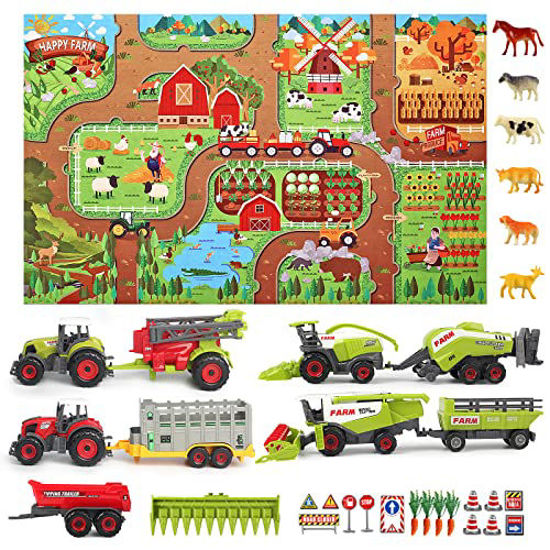 Picture of Oriate Farm Tractor Set 34 Piece Die-Cast Vehicle Value Playset, Large Size 4.7" Tractor Toy Playset for Kid's Christmas Birthday Gift, Including a Farm Room Mat with Farm Animal